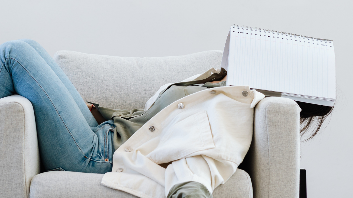 exhausted woman on the couch